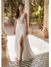 Ivory Lace Chiffon Slit Sexy Boho Beach Wedding Dress